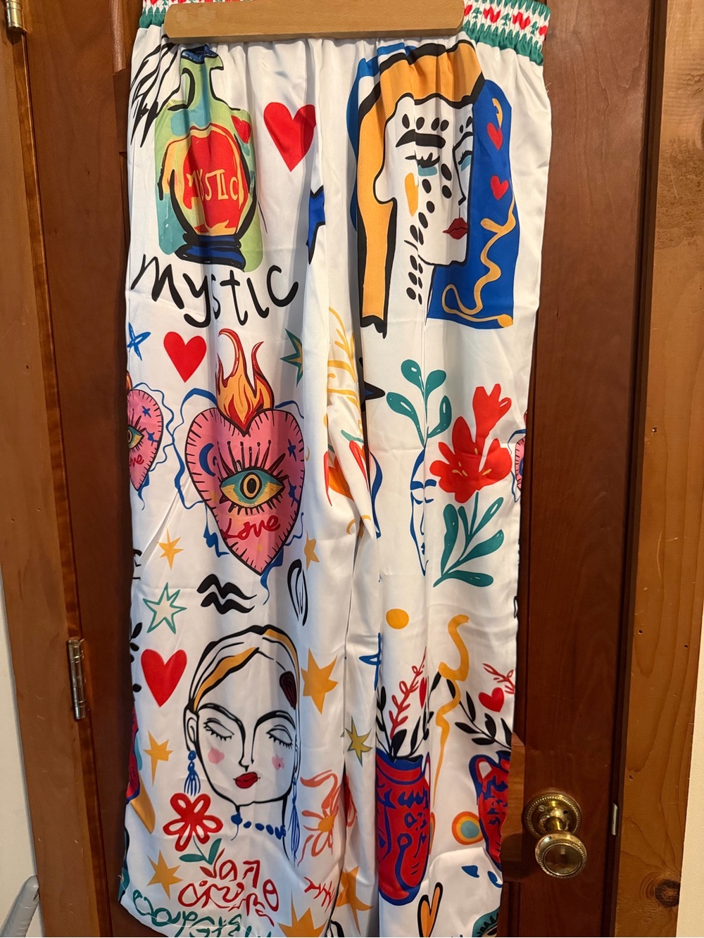 Nice To Meet You White Multicolor Graphic Print Wide Leg Pants